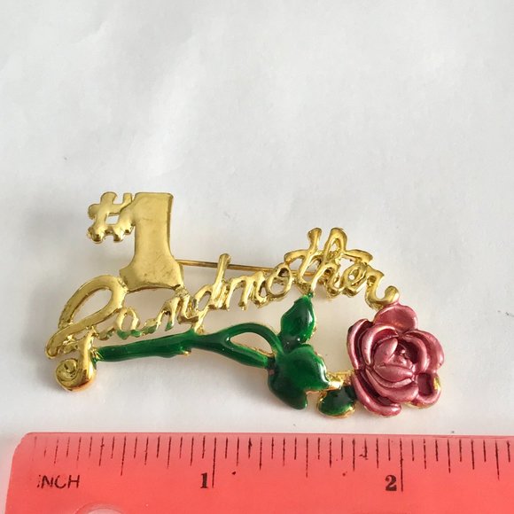 Vintage #1 Grandmother Brooch Pin Gold Plated Pink Rose Grandma Mothers Day Gift - Picture 8 of 9